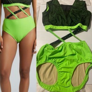 Custom dance solo costume neon green black 2 piece style illusion leotard M-L